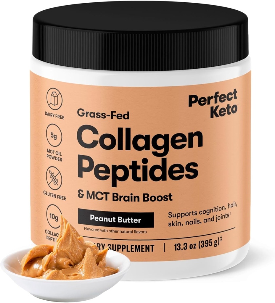 Perfect Keto Collagen Peptides Protein Powder with MCT Oil, Hydrolyzed Collagen, Type I & III Supplement, Gluten Free Grass Fed, Low Carb, Keto Coffee Creamer, Collagen for Women & Men, Peanut Butter 2