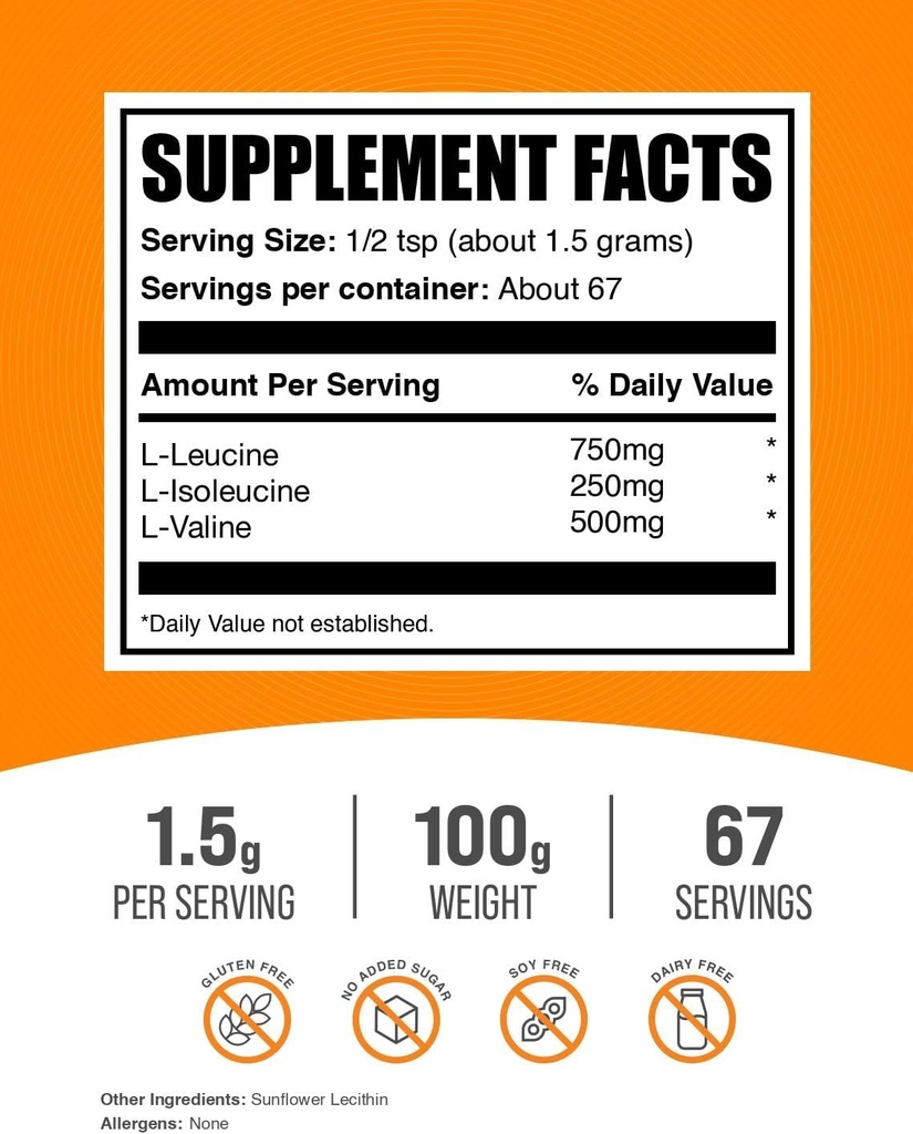 BulkSupplements.com BCAA 3:1:2 Powder - BCAA Supplements, Branched Chain Amino Acids Powder - Unflavored & Gluten Free, 1.5g per Serving, 100g (3.5 oz) (Pack of 1) 3