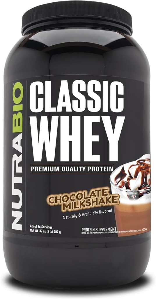 NutraBio Classic Whey Protein Powder- 25G of Protein Per Scoop - No Fillers, Artificial Colors, Preservatives - Chocolate Milkshake, 2 Pounds 2
