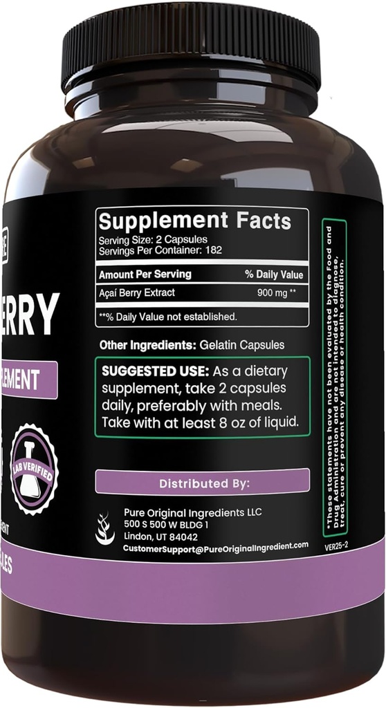 PURE ORIGINAL INGREDIENTS Acai Berry (365 Capsules) No Magnesium Or Rice Fillers, Always Pure, Lab Verified 3