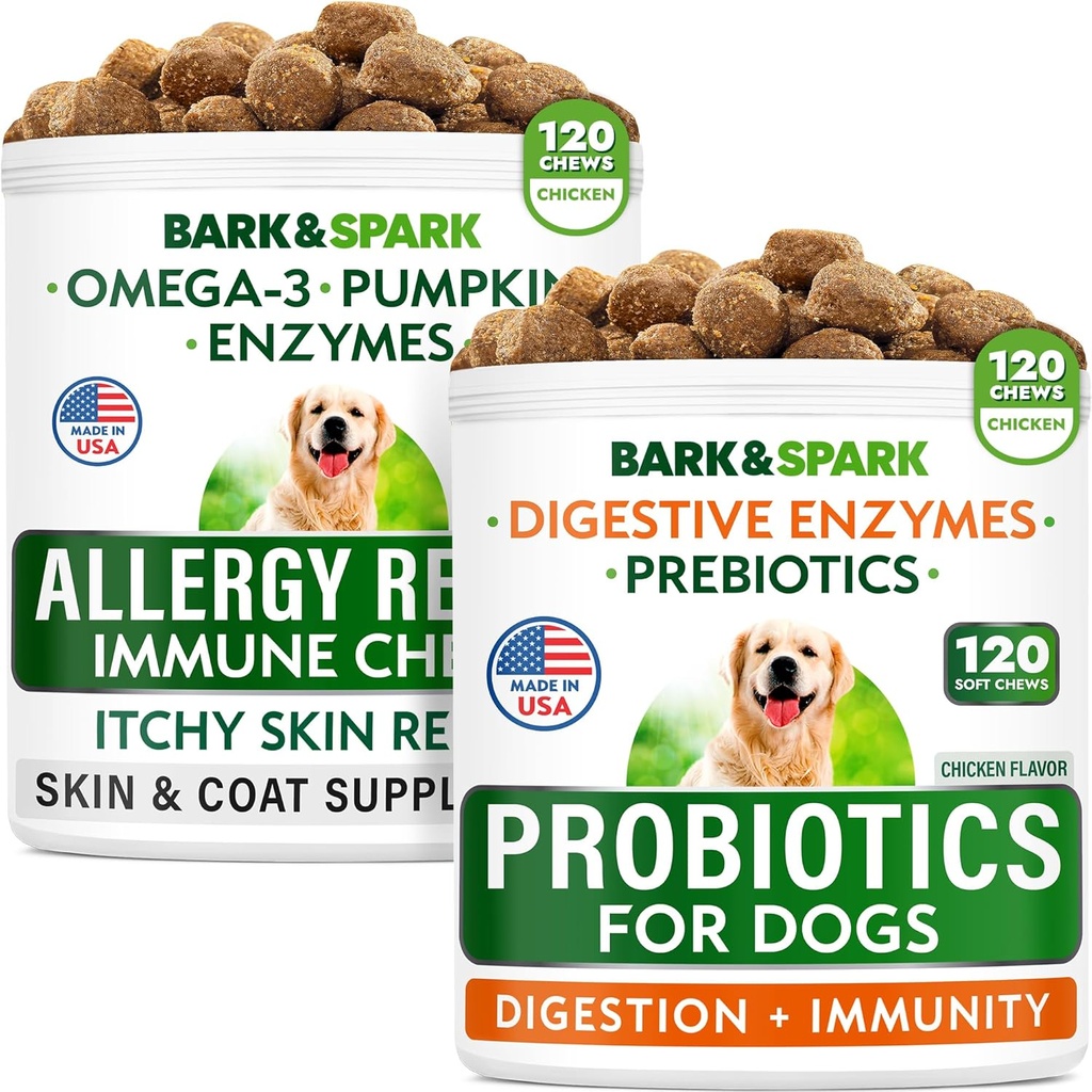 Allergy Relief Dog Treats + Dog Probiotics Chews Bundle - Omega 3 + Pumpkin + Enzymes for Itchy Skin Relief + Digestive Enzymes + Prebiotics for Gas, Diarrhea, Constipation, Upset Stomach Relief 2