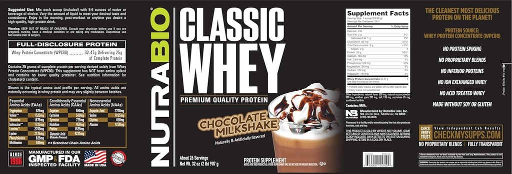 NutraBio Classic Whey Protein Powder- 25G of Protein Per Scoop - No Fillers, Artificial Colors, Preservatives - Chocolate Milkshake, 2 Pounds 6