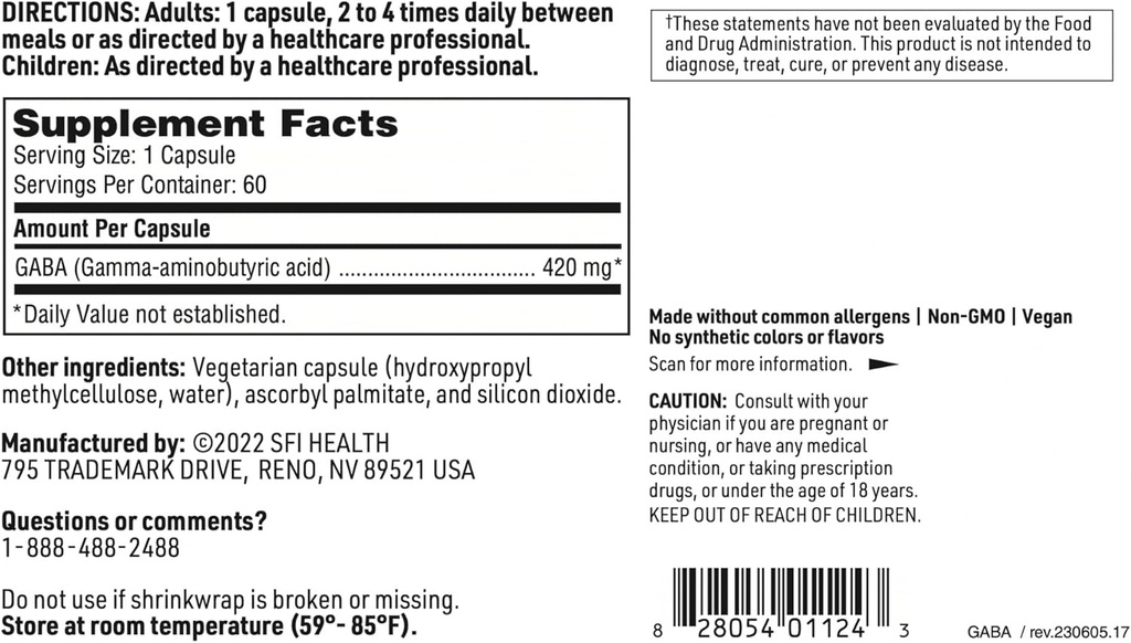 Klaire Labs SFI Health GABA - 420 Milligrams Gamma-Aminobutyric Acid, Neurotransmitter to Support Calm & Mood (60 Capsules) 6