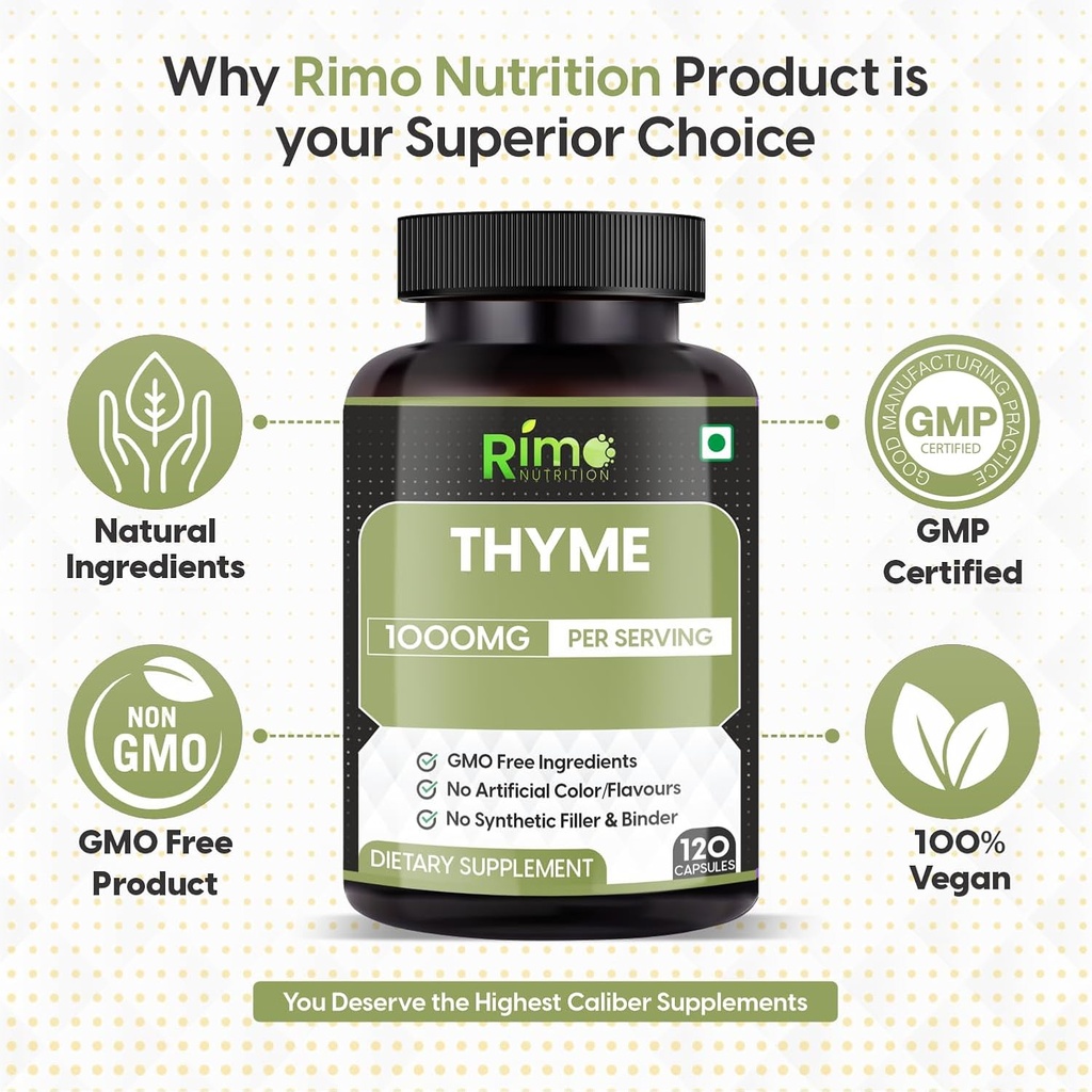 Thyme Herbal Supplement Vegetarian Capsules (Thymus Vulgaris) Dried Leaf (120 Capsules) 1000mg Per Serving 4