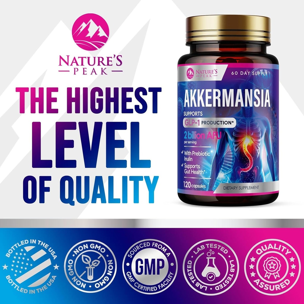 Akkermansia Probiotic Supplement - 2 Billion AFU GLP-1 Supplement with Prebiotic Fiber - Akkermansia Muciniphila GLP-1 Probiotics for Women & Men - Digestive, Gut & Immune Support - 120 Capsules 5