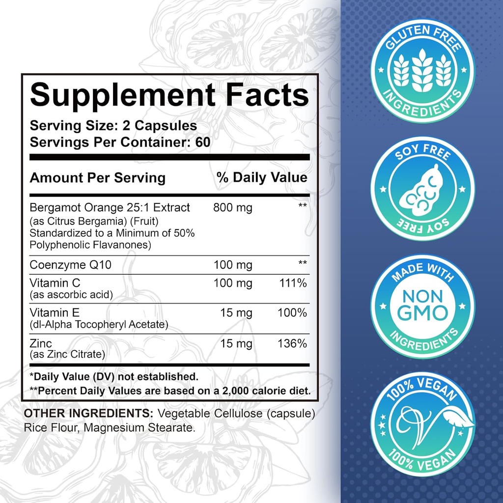 Organic Citrus Bergamot Extract Capsules - 120 caps Citrus Bergamot Supplement - Enhanced with Coenzyme Q10 & Vitamin C, E & Zinc - for Heart, Immune System Support, Healthy Aging - Pure, Vegan Pills 4