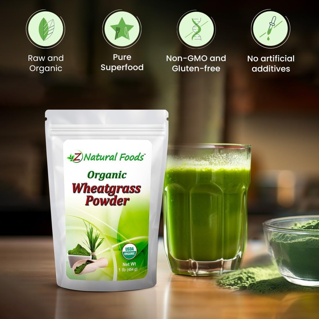 Z Natural Foods Organic Wheatgrass Powder, Green Superfood Powder for Smoothies, Juices, Shakes, and Recipes, Nutrient-Rich Powder, 100% Pure, Raw, Non-GMO, Vegan, Gluten-Free, 87 Servings, 1 lb 6