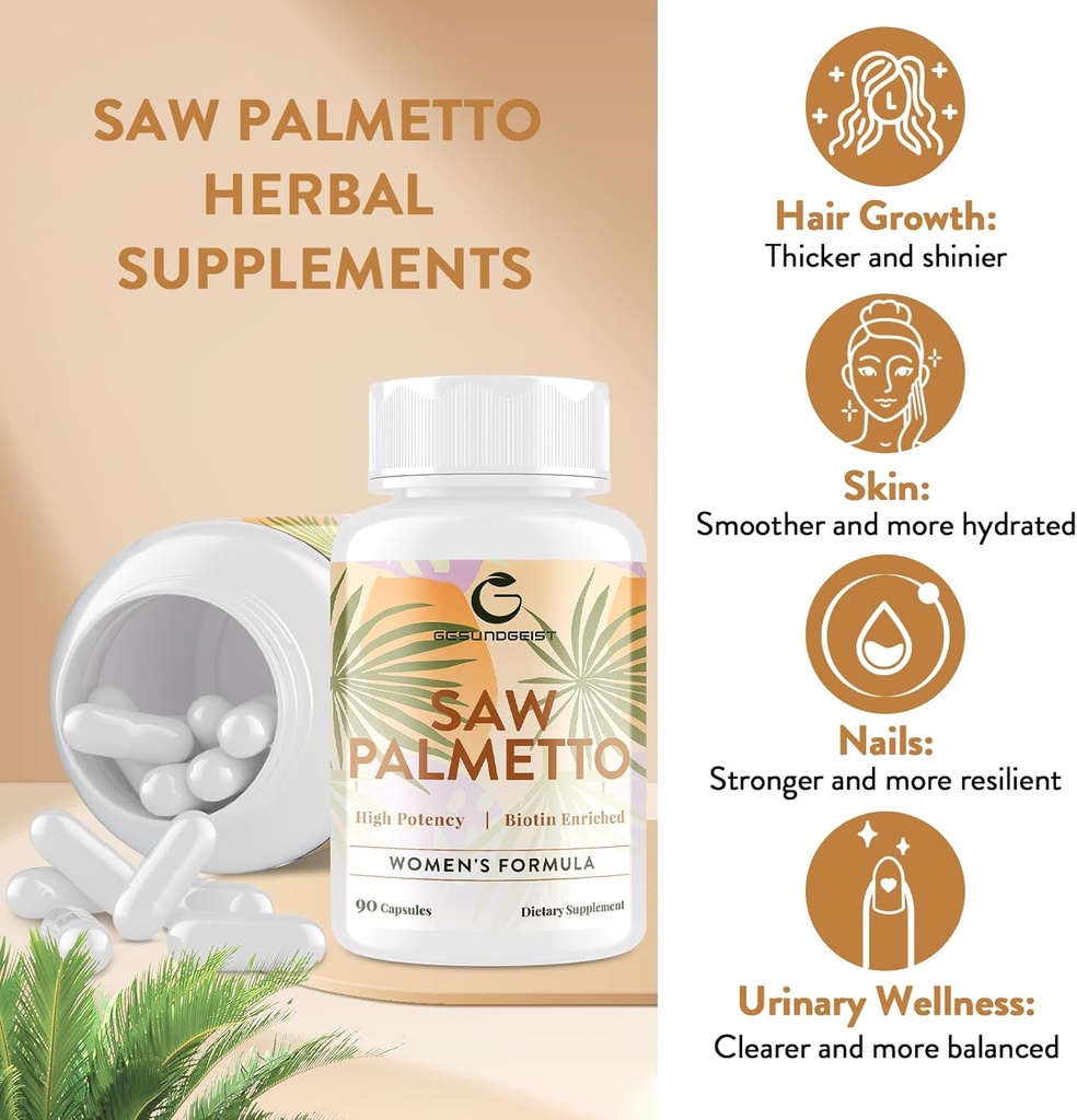 Saw Palmetto for Women Hair Loss - DHT Blocker with 5-in-1 Blend for Hair Growth, Skin & Nails, Urinary Wellness - Extra Strength Saw Palmetto Supplement - 180 Capsules 6