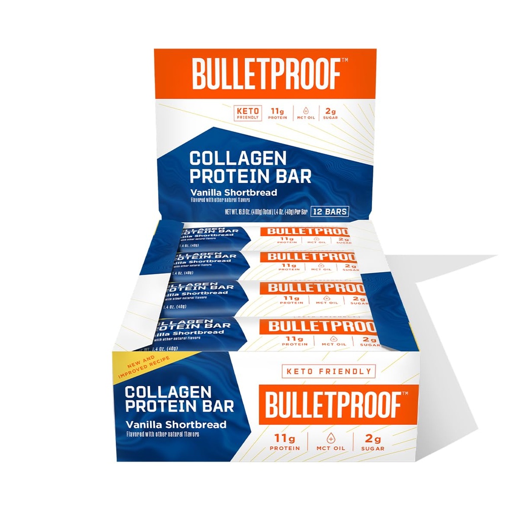 Bulletproof Vanilla Shortbread Collagen Protein Bars, Pack of 12, Keto-Friendly Snack with MCT Oil, 2g Sugar, No Added Sugar, Grass-Fed Collagen 2