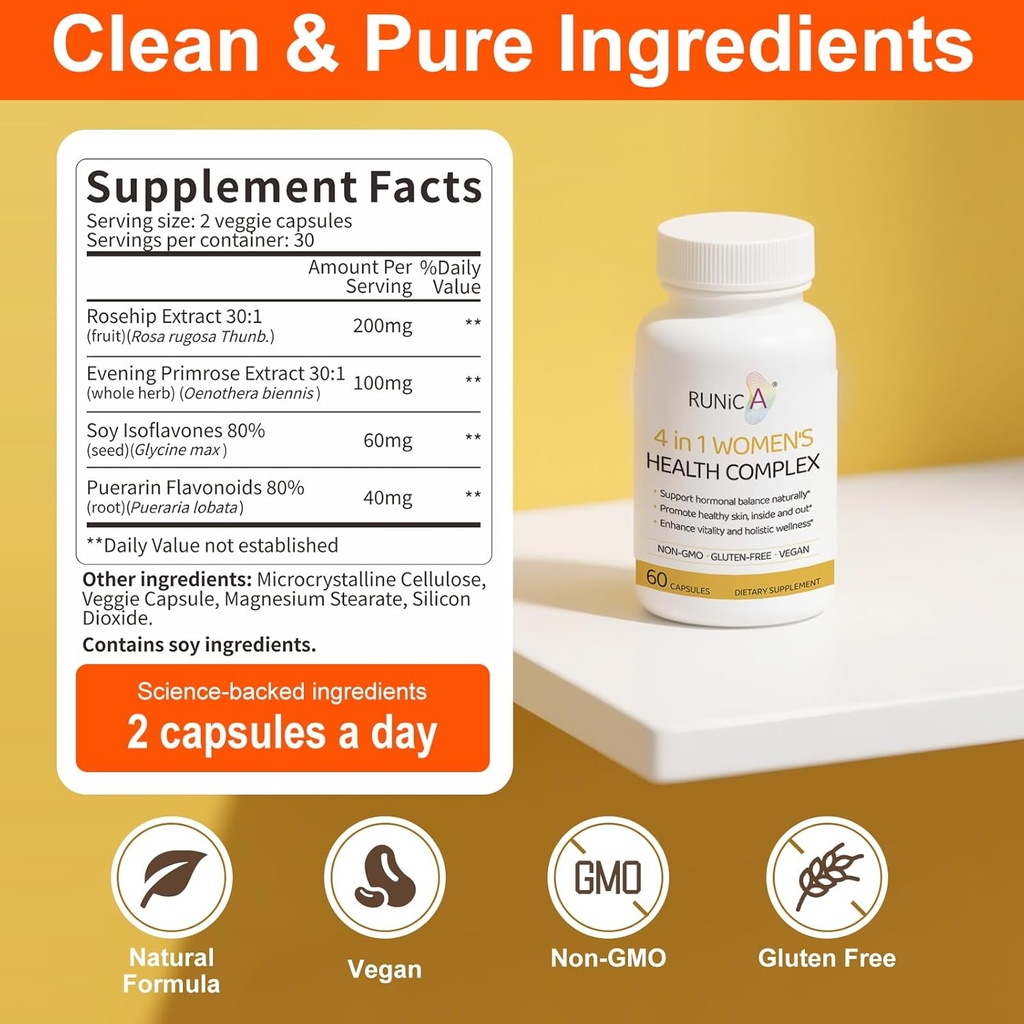 4-in-1 Women’s Hormonal Balance Complex | Rosehip, Pueraria & Evening Primrose with Soy Isoflavones | Menstrual Cycle, Menopause, Energy Level & Healthy Skin Support 180 Vegan Capsules 4