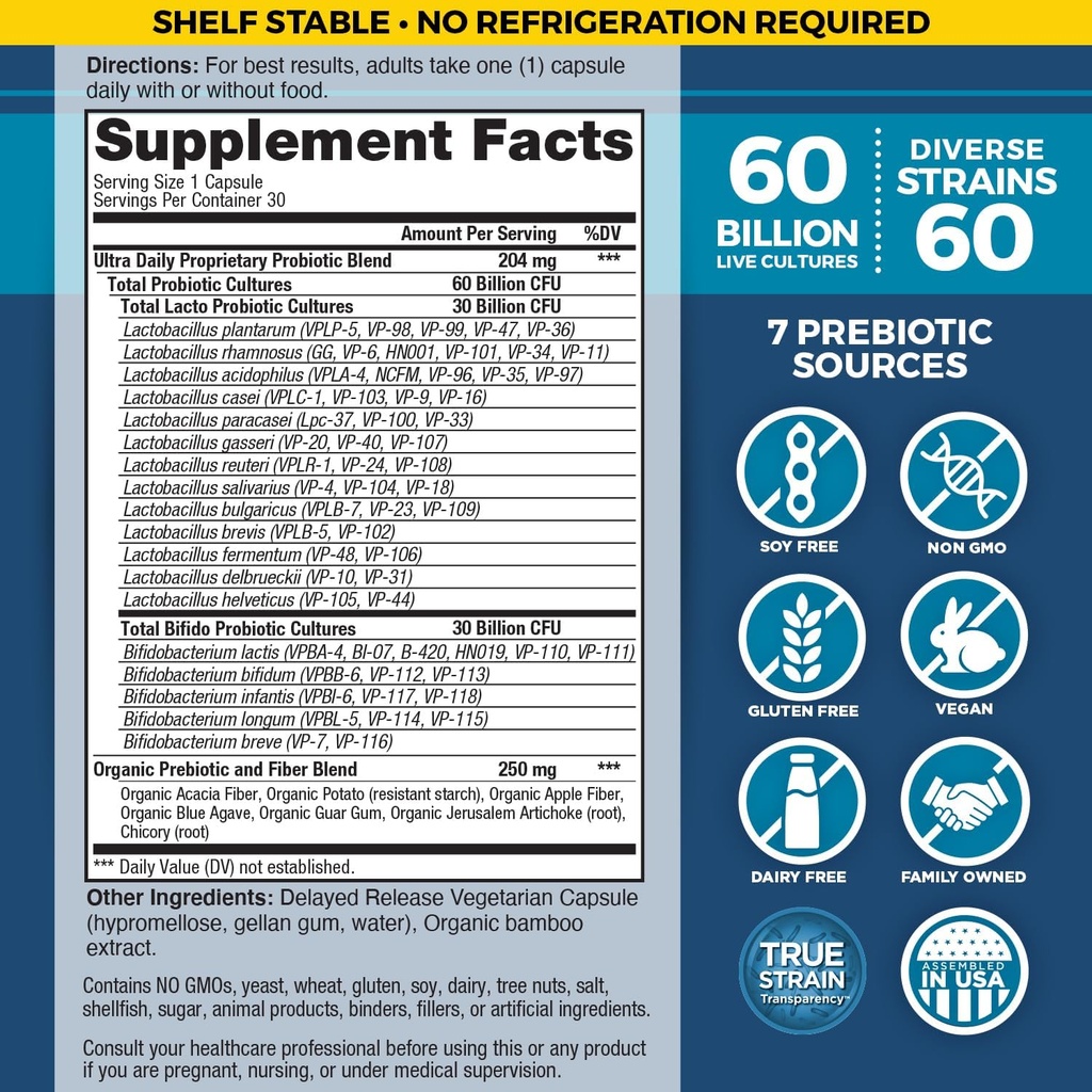 Vital Planet - Vital Flora Ultra Daily Probiotic 60 Billion CFU, 60 Diverse Strains, 7 Organic Prebiotics, Immune Support, Digestive Health Shelf Stable Probiotics for Women and Men 30 Capsules 3