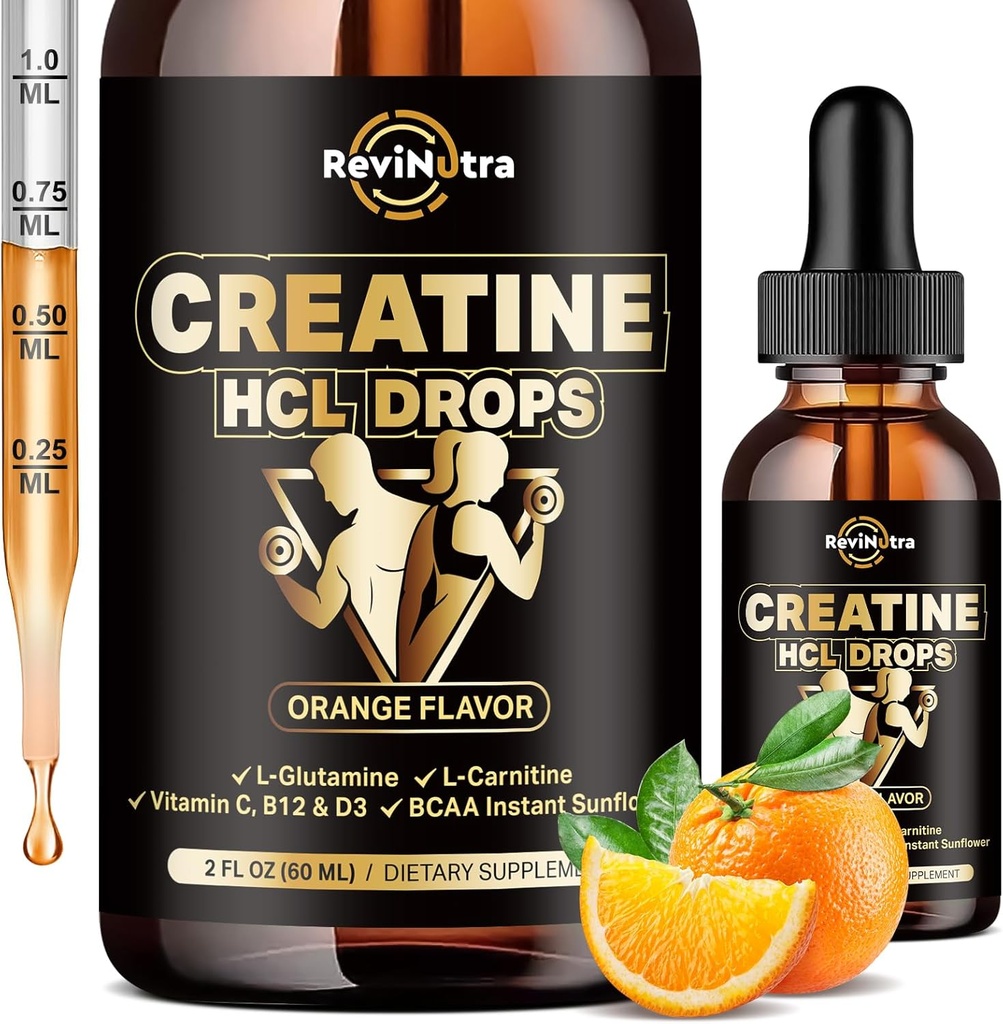 Creatine HCL Liquid Drops for Men & Women, 1500mg Liquid Creatine Hydrochloride, High Absorption, 2 Fl Oz Orange Flavor 2