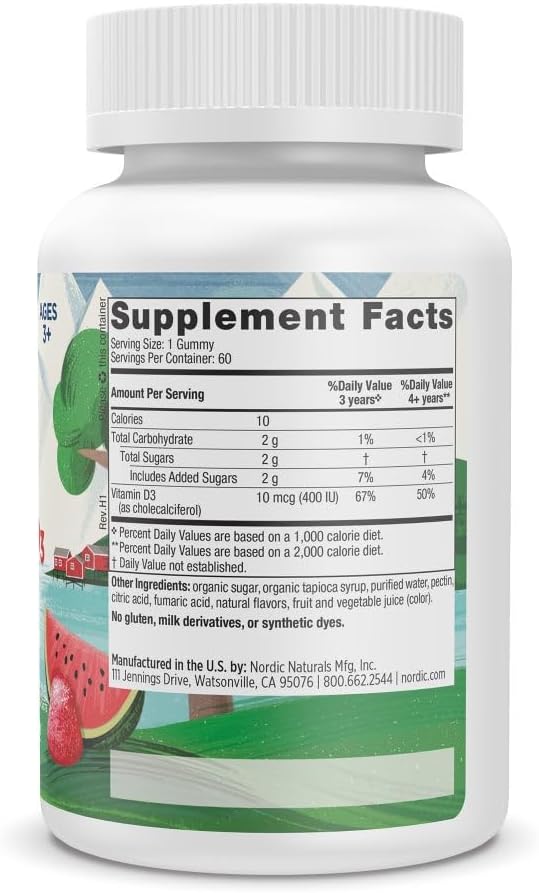Nordic Naturals Vitamin D3 Gummies Kids, Wild Watermelon Splash - 60 Gummies - 400 IU Vitamin D3 - Bone Health, Healthy Immunity - Non-GMO, Vegetarian - 60 Servings 3