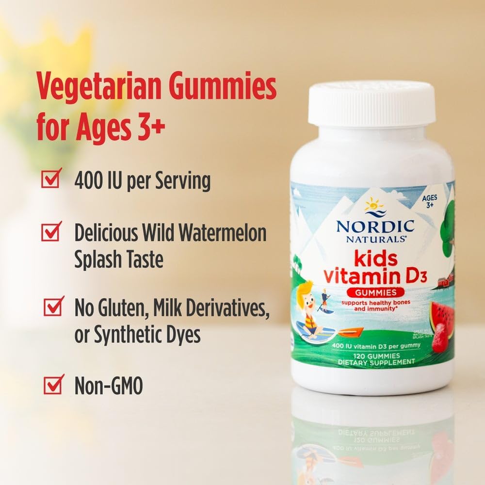 Nordic Naturals Vitamin D3 Gummies Kids, Wild Watermelon Splash - 60 Gummies - 400 IU Vitamin D3 - Bone Health, Healthy Immunity - Non-GMO, Vegetarian - 60 Servings 5