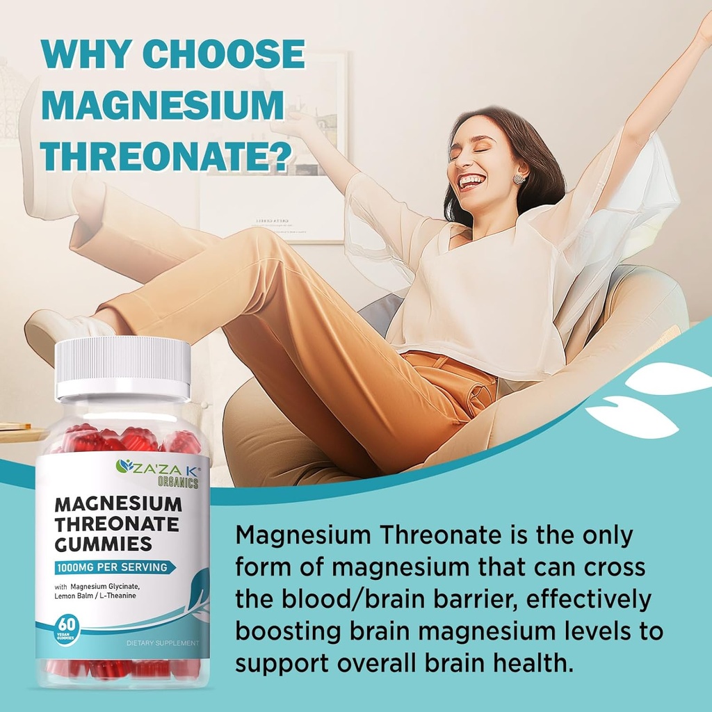ZA'ZA K ORGANICS Magnesium Threonate Gummies, 500mg Magnesium Threonate with Glycinate, L-Theanine, Lemon Balm, Magnesium Supplement for Kids Adults, Brain Health, 60 Count 5