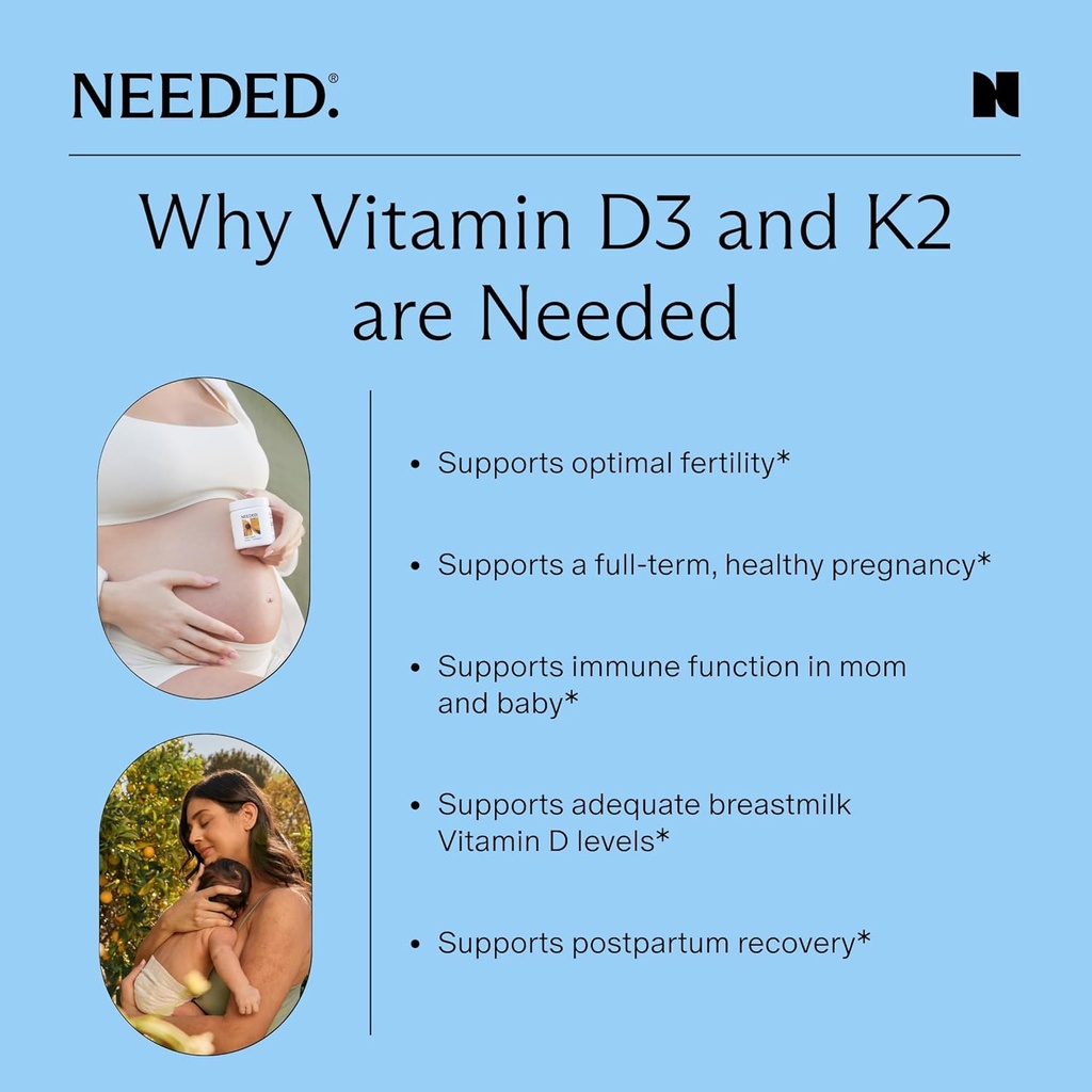 Needed. Expertly-Formulated Prenatal Vitamin D3/K2 | for Fertility, Pregnancy Breastfeeding, and Postpartum, Healthy Immunity and Bone Development, Supports Breast Milk Vitamin D Levels | 60 Capsules 6