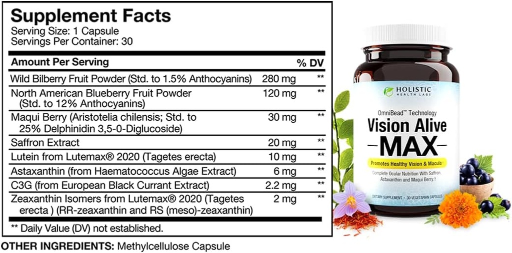 Holistic Health Labs Vision Alive Max with 8 Natural Ingredients Lutemax® 2020, Bilberries, Blueberries, c3g from Black Currant, Maqui Berry, Saffron, and Astaxanthin (30 Count (Pack of 3)) 3