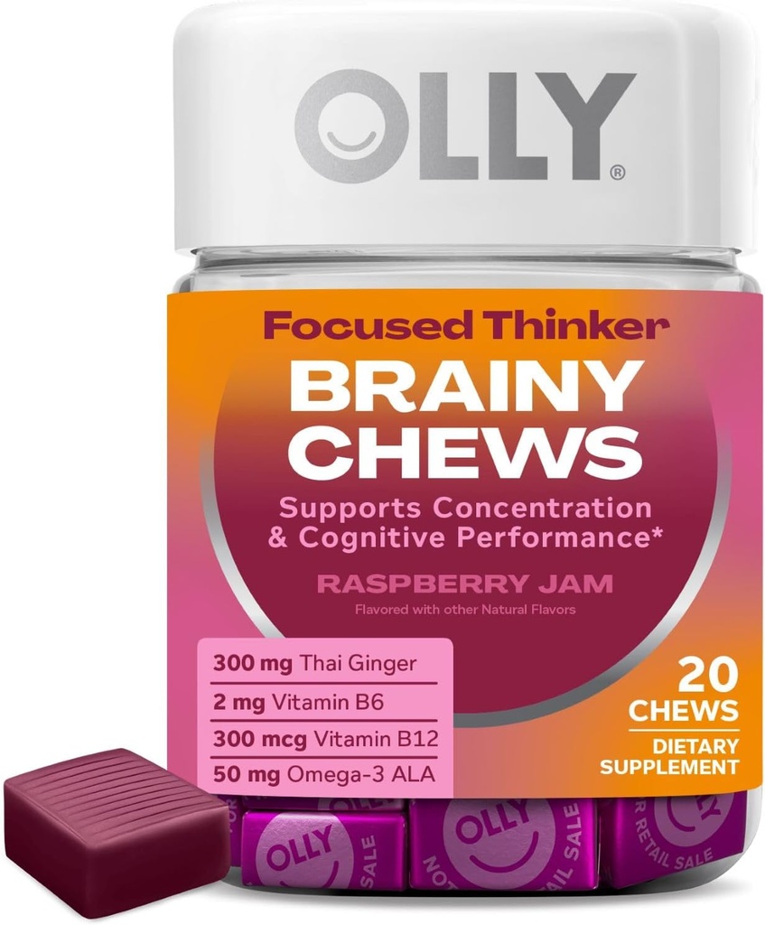 OLLY Focused Thinker Brainy Chews, Omega-3 ALA, Vitamins B6 & B12, Plus Thai Ginger Extract for Alertness, Concentration & Cognitive Performance Support, Vegetarian, Raspberry, 20 Count 2