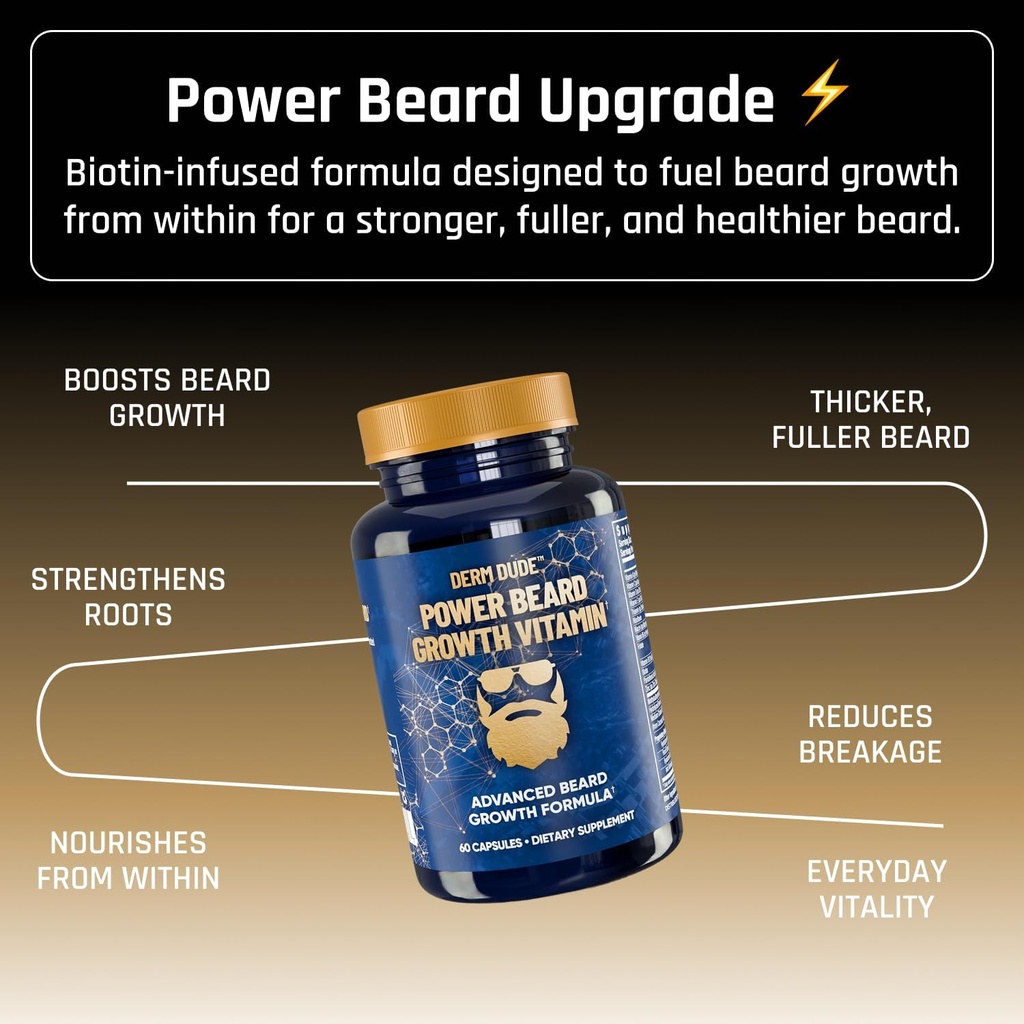 Derm Dude Power Beard Growth Vitamins for Men | With Biotin 10K MCG, Zinc B12 Saw Palmetto & Keratin for Healthier Thicker Fuller & Stronger Facial Hair | Restore Hair Breakage & Thinning, 60 Capsules 3