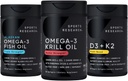 Sports Research Antarctic Krill Oil Omega 3 1000mg (Double Strength) with Phospholipids, Choline & Astaxanthin, Triple Strength Omega 3 Fish Oil Single-Source Wild Alaska Pollock 1250mg, Vitamin D3 K2 2