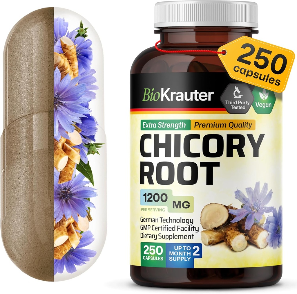 BIO KRAUTER Chicory Fiber Supplement - 1200 mg Strength - 250 Count - Chicory Root Powder - Inulin Capsules for Digestive Support - Vegan 2