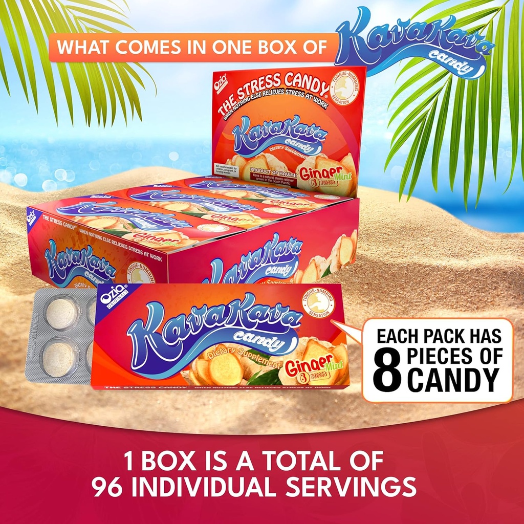 Kava Kava Candy - 8 Kava Candies Per Pack, Kava Extract Stress Relief Supplement, Natural Kava Root Chill Happy Pill, Encourages Positive Mood - Ginger Mint Flavor, 1 Box (12 Packs) 5