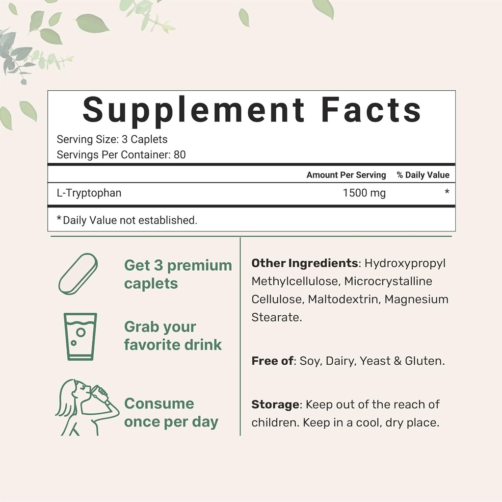 Micro Ingredients L-Tryptophan 1,500mg, 240 Caplets | Essential Amino Acid + Relaxation Support | Mood, Sleep & Nervous System Balance | Clean Label, Non-GMO 3