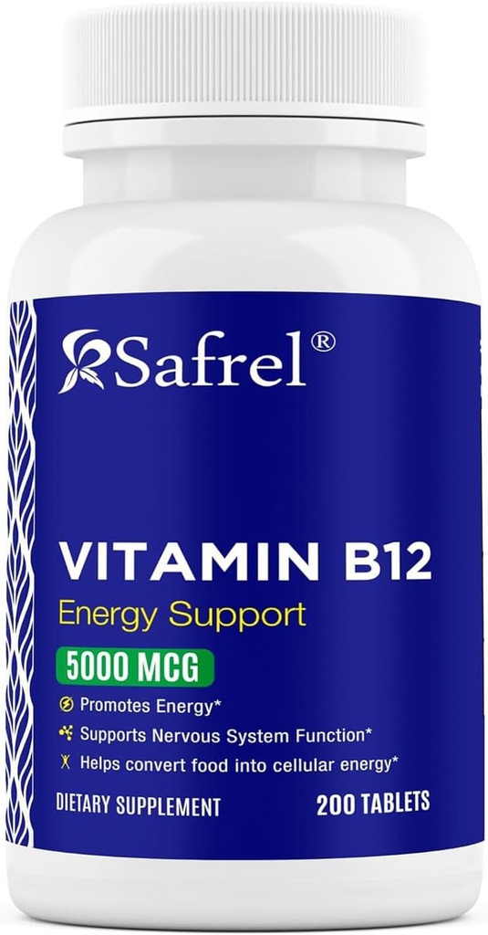 Safrel Vitamin B12 5000 mcg per Tablet, 200 Days Supply, Supplement for Energy, Metabolism and Nervous System Health Support, Vegan, Gluten Free and Dye Free | Made in USA 2