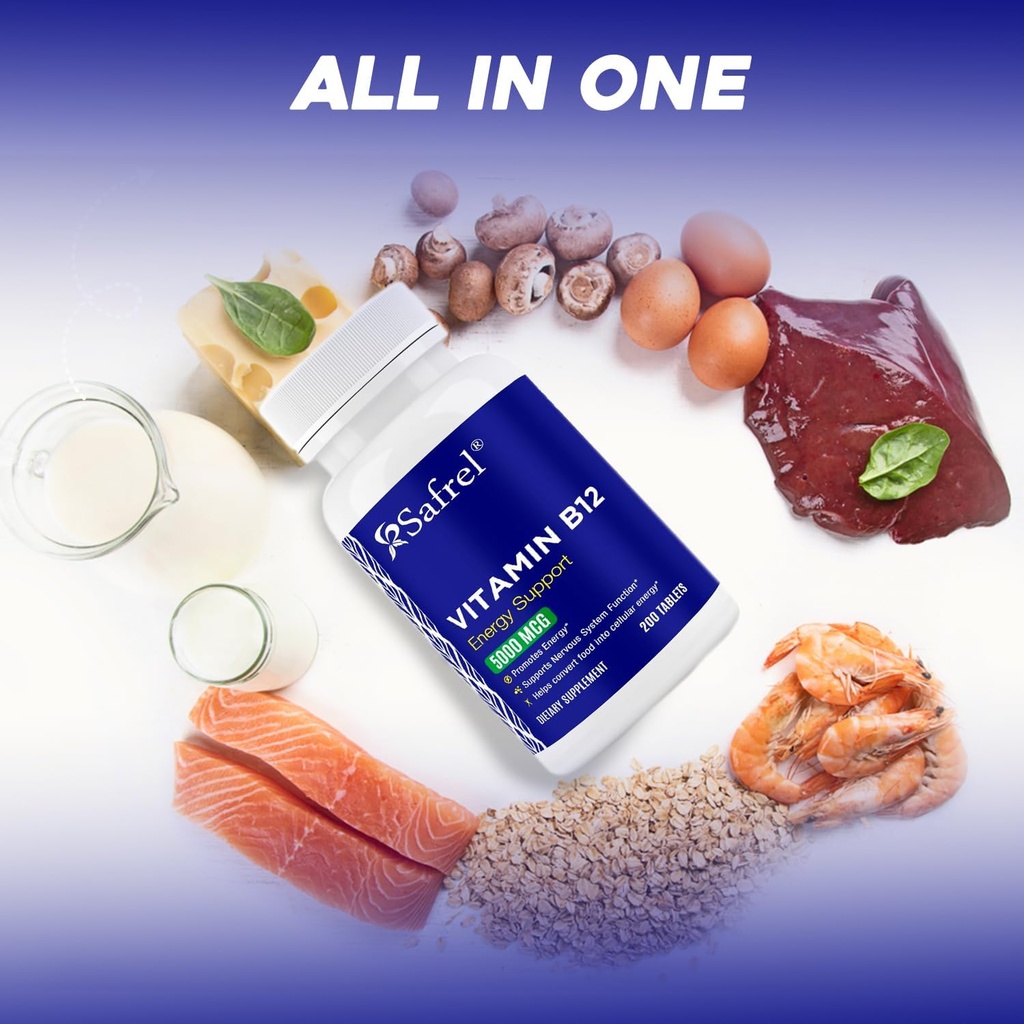 Safrel Vitamin B12 5000 mcg per Tablet, 200 Days Supply, Supplement for Energy, Metabolism and Nervous System Health Support, Vegan, Gluten Free and Dye Free | Made in USA 5