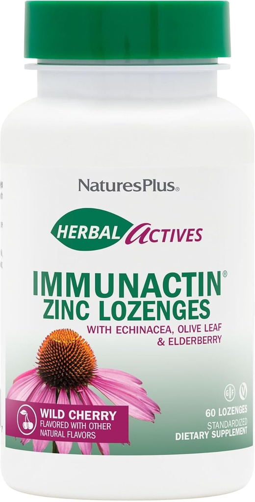 NaturesPlus Herbal Actives ImmunActin Zinc Lozenges - 10 mg Zinc, 60 Vegan Lozenges - Wild Cherry Flavor - Immune Booster with Echinacea & Elderberry - Vegetarian, Gluten-Free - 60 Servings 2