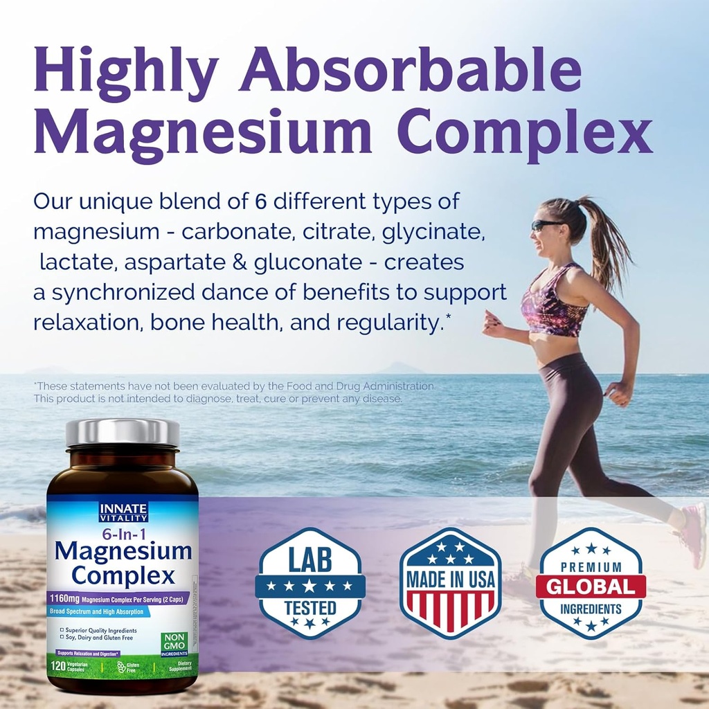 Innate Vitality Magnesium Complex 6-in-1, 1160mg Per Serving, Rest & Digestion, Magnesium Glycinate & Citrate, High Absorption, 120 Vegan Capsules 6