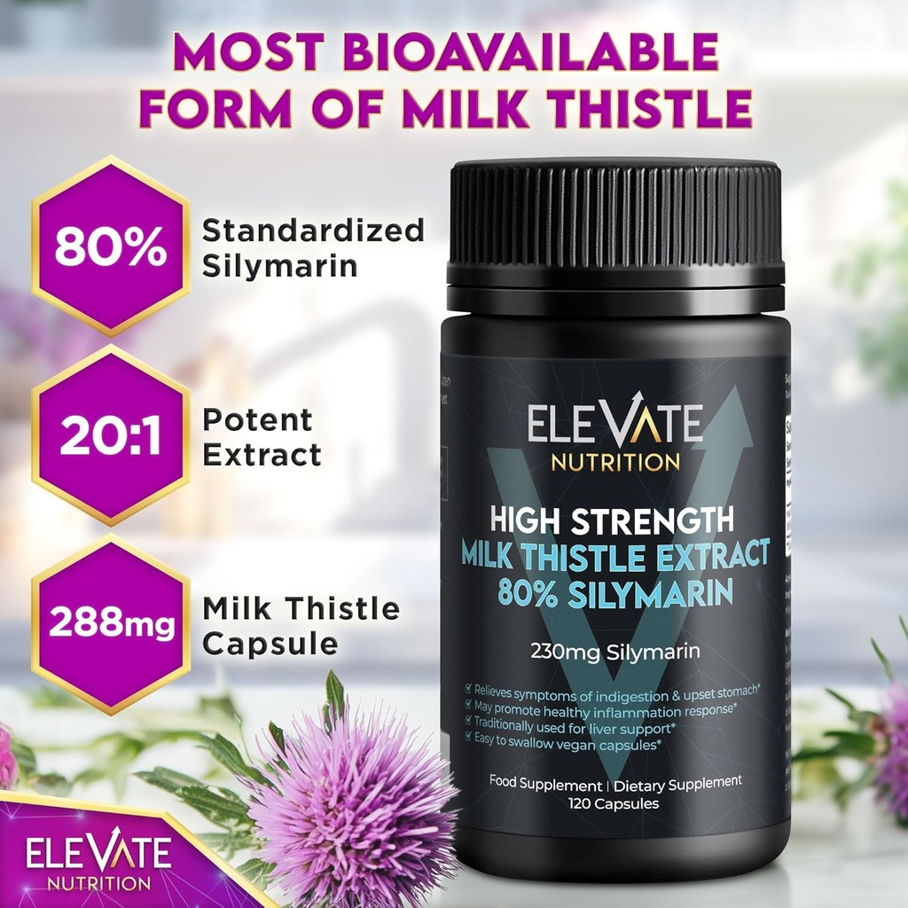 ELEVATE NUTRITION Milk Thistle - 288 mg, 80% Silymarin Extract - 120 Vegan Capsules - Dietary Health Supplement May Support Liver Wellness & Digestive Comfort 3