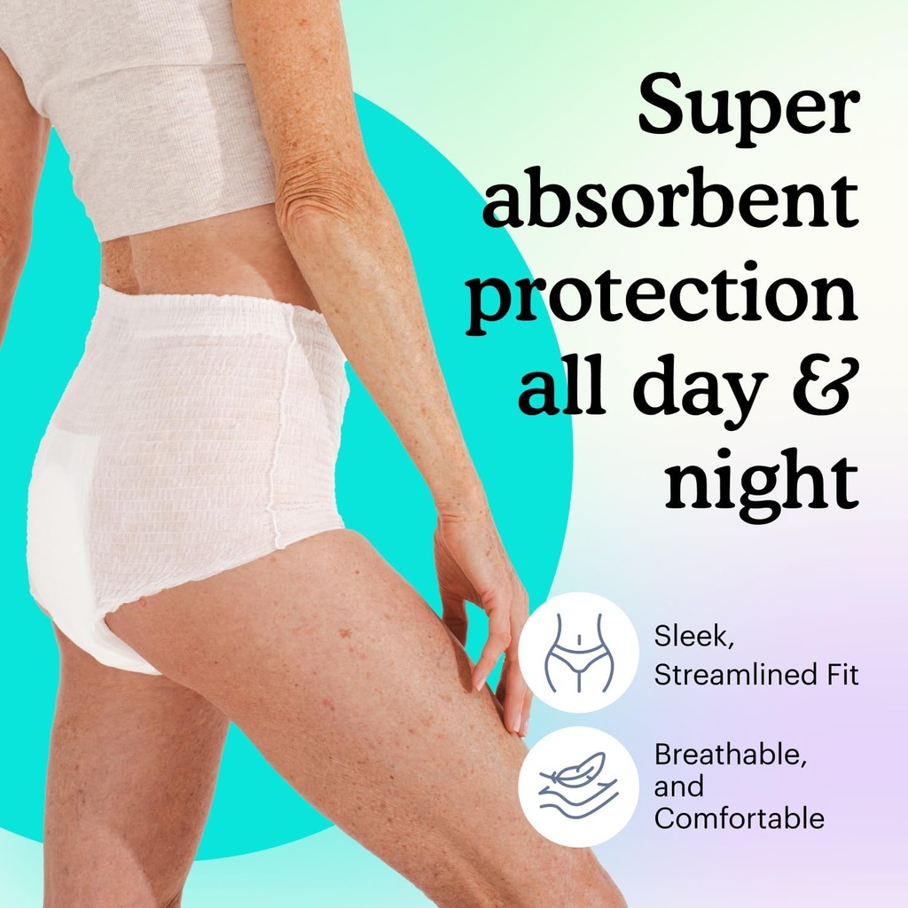 Because Adult Incontinence Underwear for Sensitive Skin - Women - Premium Overnight Disposable Briefs, Anti Odor - White, X-Large - Absorbs 6 Cups - 48 Count (4 Packs of 12) 4