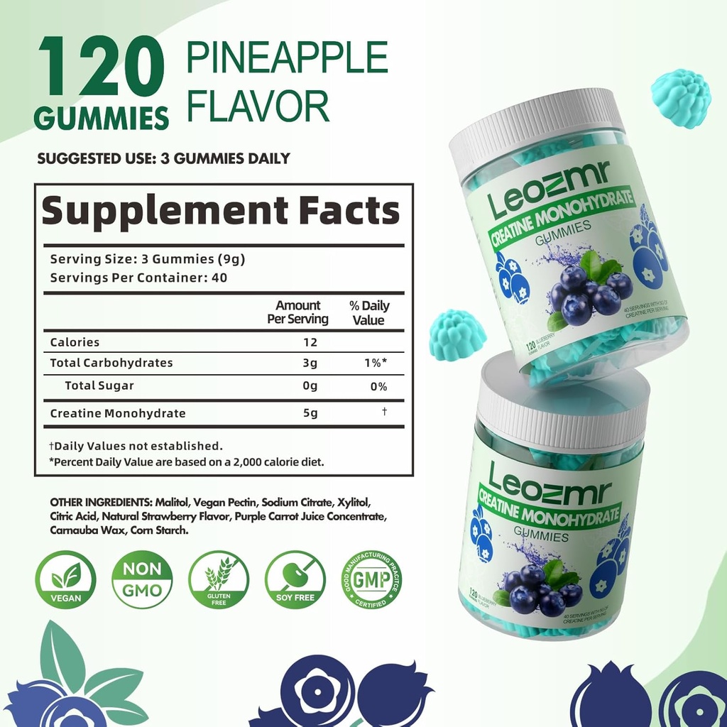 Creatine Monohydrate Gummies 5000mg for Men & Women, Chewables Creatine Monohydrate Supplement(120 Count)- Blueberry 120 Gummies 6