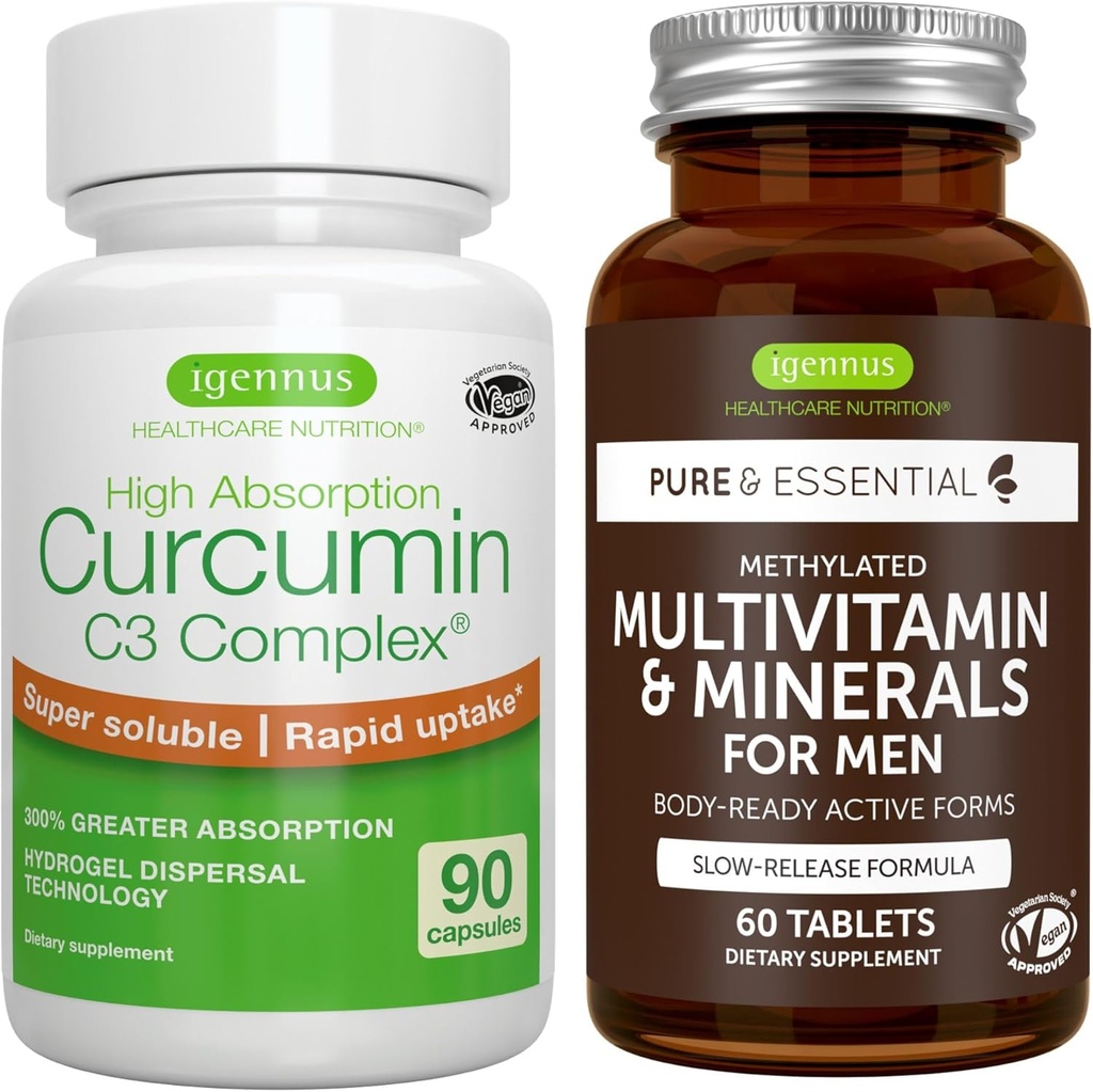 Multivitamin & Minerals for Men + High Absorption Curcumin C3 Complex, Vegan Bundle, Sustained Release Advanced Multivitamin + 300% Greater Absorption Curcuminoids with Rapid Uptake, by Igennus 2