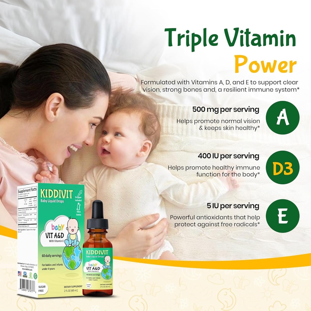 Kiddivit Baby Vitamin A&D Liquid Drops with Vitamin E – Gentle Immune & Vision Support Supplement – 60 Daily Servings, Dropper Included, Glass Bottle – Sugar Free, Gluten Free, Vegetarian, 2oz 3