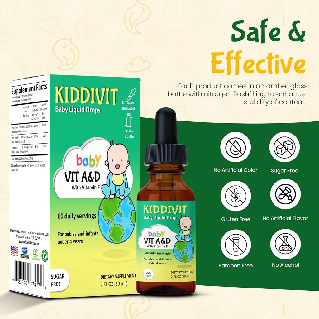 Kiddivit Baby Vitamin A&D Liquid Drops with Vitamin E – Gentle Immune & Vision Support Supplement – 60 Daily Servings, Dropper Included, Glass Bottle – Sugar Free, Gluten Free, Vegetarian, 2oz 4