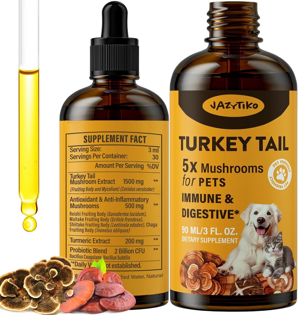 Turkey Tail Mushroom for Dogs - Faster Absorption 2000mg Turkey Tail Mushroom for Immune & Digestive, Joint, Energy, 5X Mushrooms for Pet Drop with Turmeric & Probiotic - Vet Formulated, 90 ML/3FL.oz 2