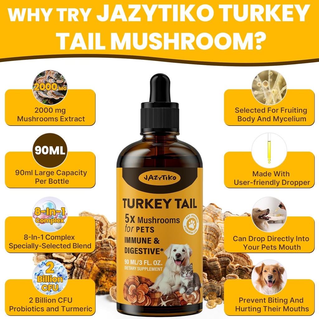 Turkey Tail Mushroom for Dogs - Faster Absorption 2000mg Turkey Tail Mushroom for Immune & Digestive, Joint, Energy, 5X Mushrooms for Pet Drop with Turmeric & Probiotic - Vet Formulated, 90 ML/3FL.oz 6