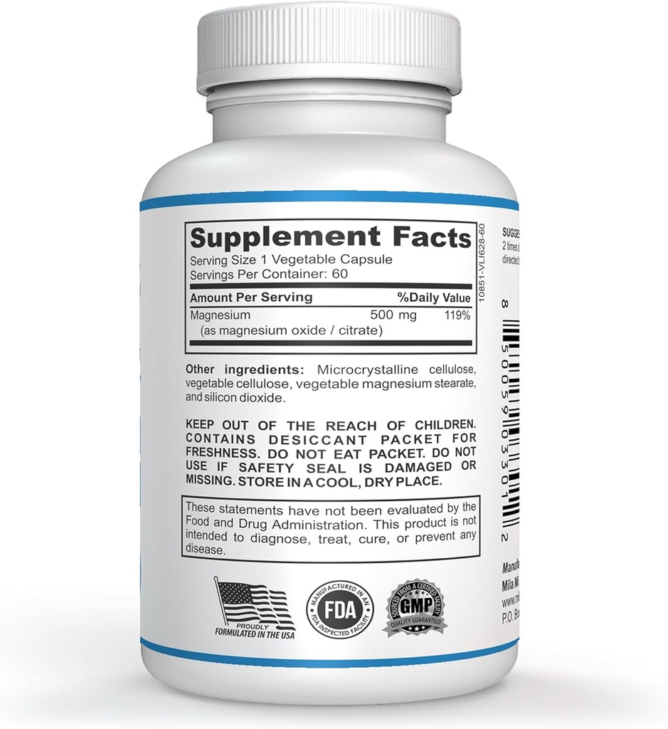 Milamiamor High Potency Magnesium - High Absorption Magnesium Citrate - Whole Body Support - Heart, Nerve and Bone Health - Non-GMO, Vegan & Gluten Free - Made in USA - 500 mg - 60 Capsules 3
