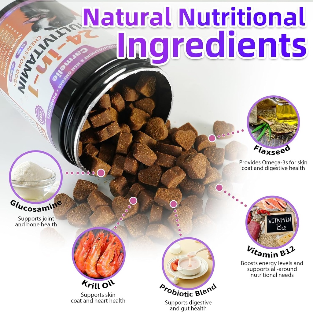 Dog Vitamins, 24 in 1 Dog Vitamins and Supplements 200 Chews with Glucosamine Probiotics Omega-3 Dog Multivitamins Chewable for Hip & Joint, Skin & Coat, Immune Health, Digestive (Chicken) 4