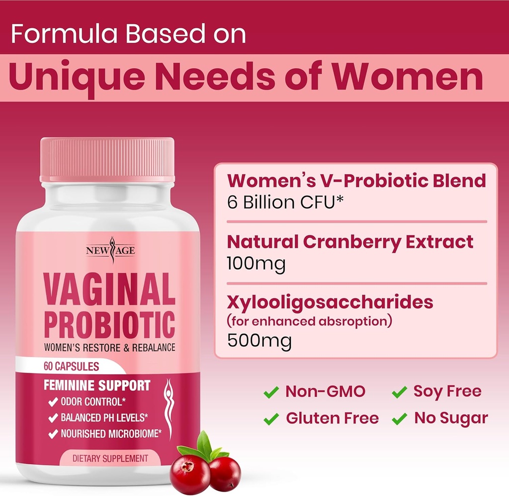 NEW AGE Vaginal Probiotics for Women with Prebiotics, Cranberry Extract, and a Lactobacillus Probiotic Blend, Supports Healthy pH Balance, Odor Control, Vaginal Flora - 60 Capsules 5