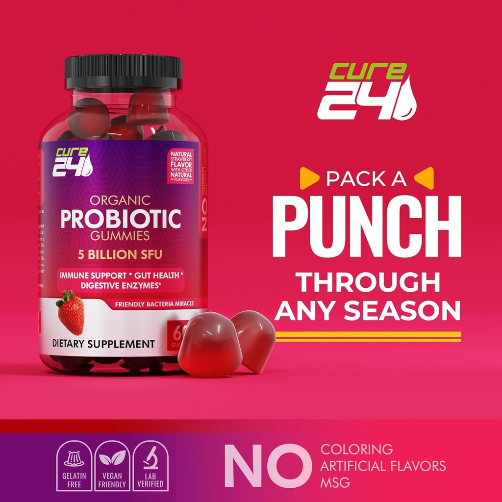 Organic probiotic Gummies 5 Billion CFUs, Max Strength Probiotics Gummy Supplement for Women and Men with Natural Strawberry Flavor 60 Gummies 6