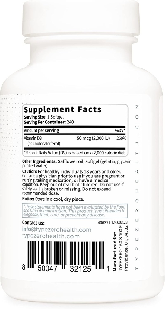 Type Zero Vitamin D3 2000 iu, 240 Softgels - Non-GMO & Gluten Free 5