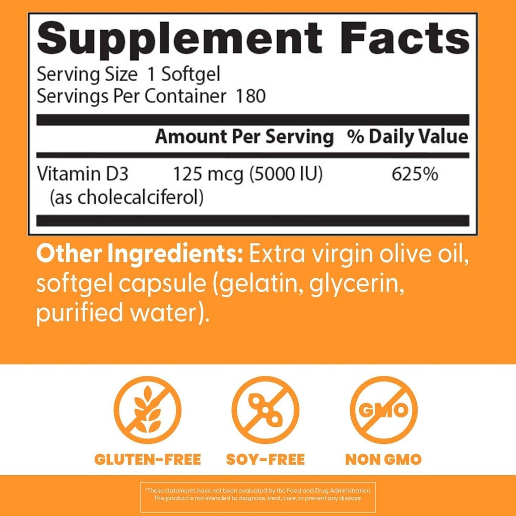 Doctor's Best Vitamin D3 5000IU, Non-GMO, Gluten & Soy Free, Regulates Immune Function, Supports Healthy Bones, White, No Flavour, 180 Count 5