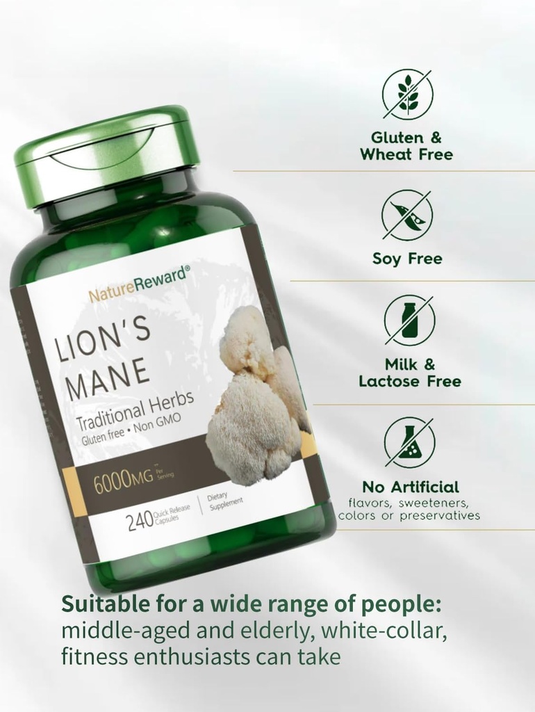 Lion's Mane 6000MG, Promotes Mental Clarity, Focus and Memory, Mushroom Supplement, Unflavored, 240 Capsules 4