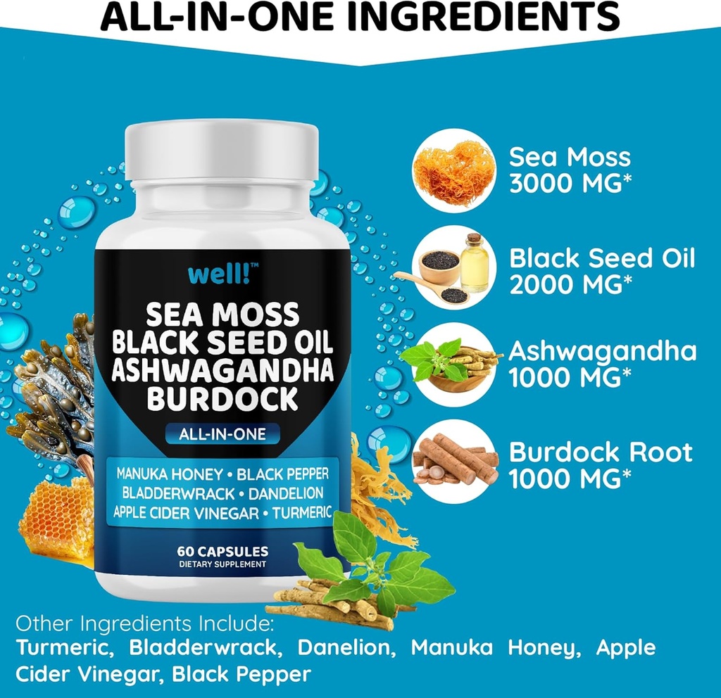 Sea Moss 3000, Black Seed Oil 2000, Ashwagandha 1000, Bladderwrack, Maca Turmeric - Manuka Honey, Dandelion & Black Pepper, Super Antioxidants Supplement,180 3