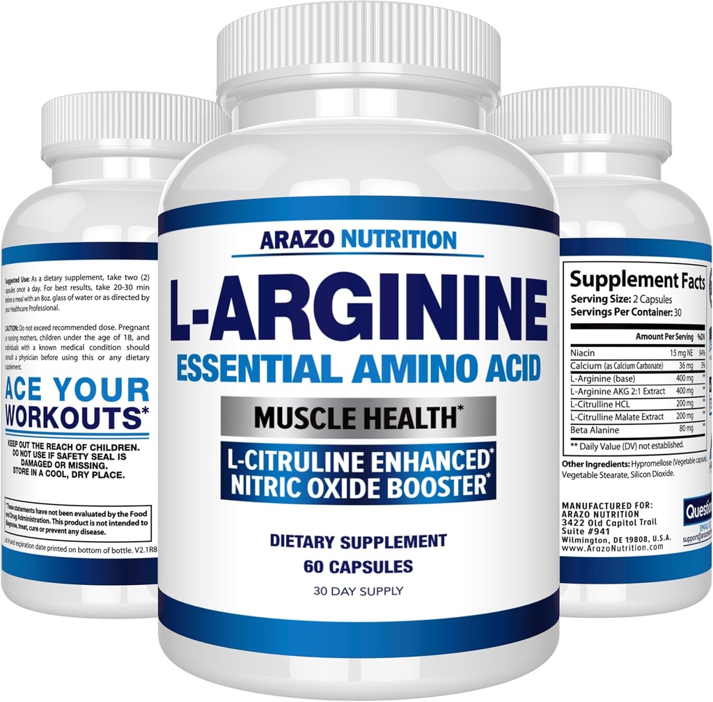 Arazo Nutrition Premium L Arginine - 1340mg Nitric Oxide Booster with L-Citrulline & Essential Amino Acids for Muscle Gain and Energy - Powerful NO Booster to Train Longer & Harder – 60 Capsules 5