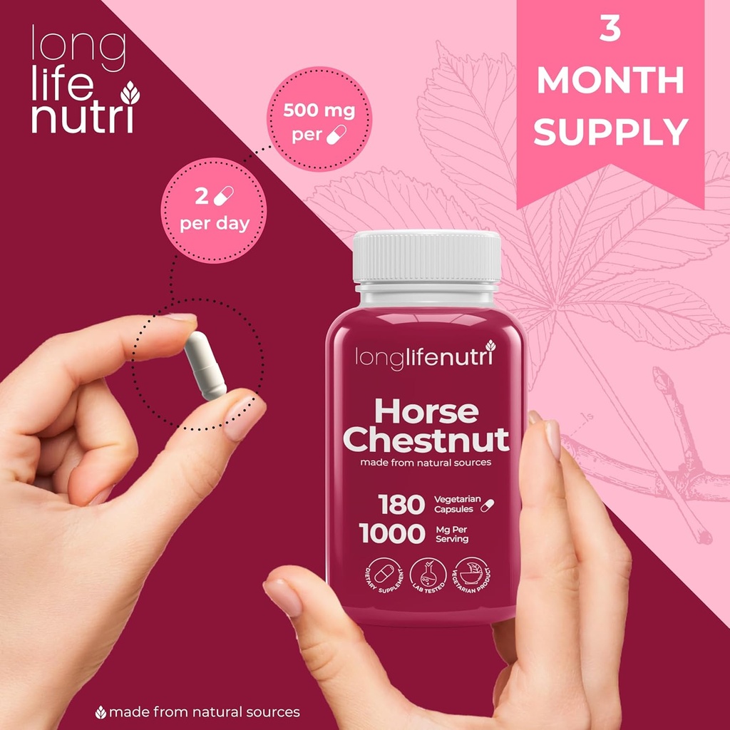 LongLifeNutri Horse Chestnut Extract 500mg - 180 Vegetarian Capsules, Organic Supplement for Daily Wellness & Circulation, 3-Month Supply, GMP Certified, Made in USA 6