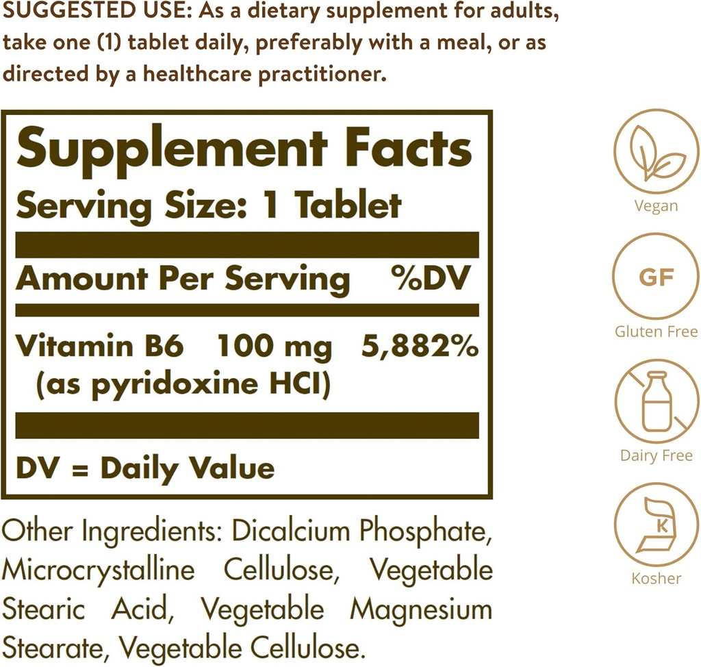 Solgar Vitamin B6 100 mg, 100 Tablets - Supports Energy Metabolism, Heart Health & Healthy Nervous System - B Complex Supplement - Vegan, Gluten Free, Dairy Free, Kosher - 100 Servings 3